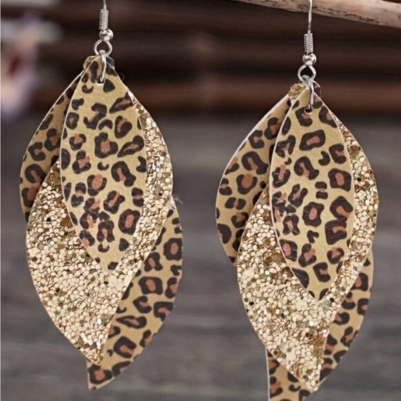 Leopard Print and Gold Leaf Earrings - Picture 2 of 3